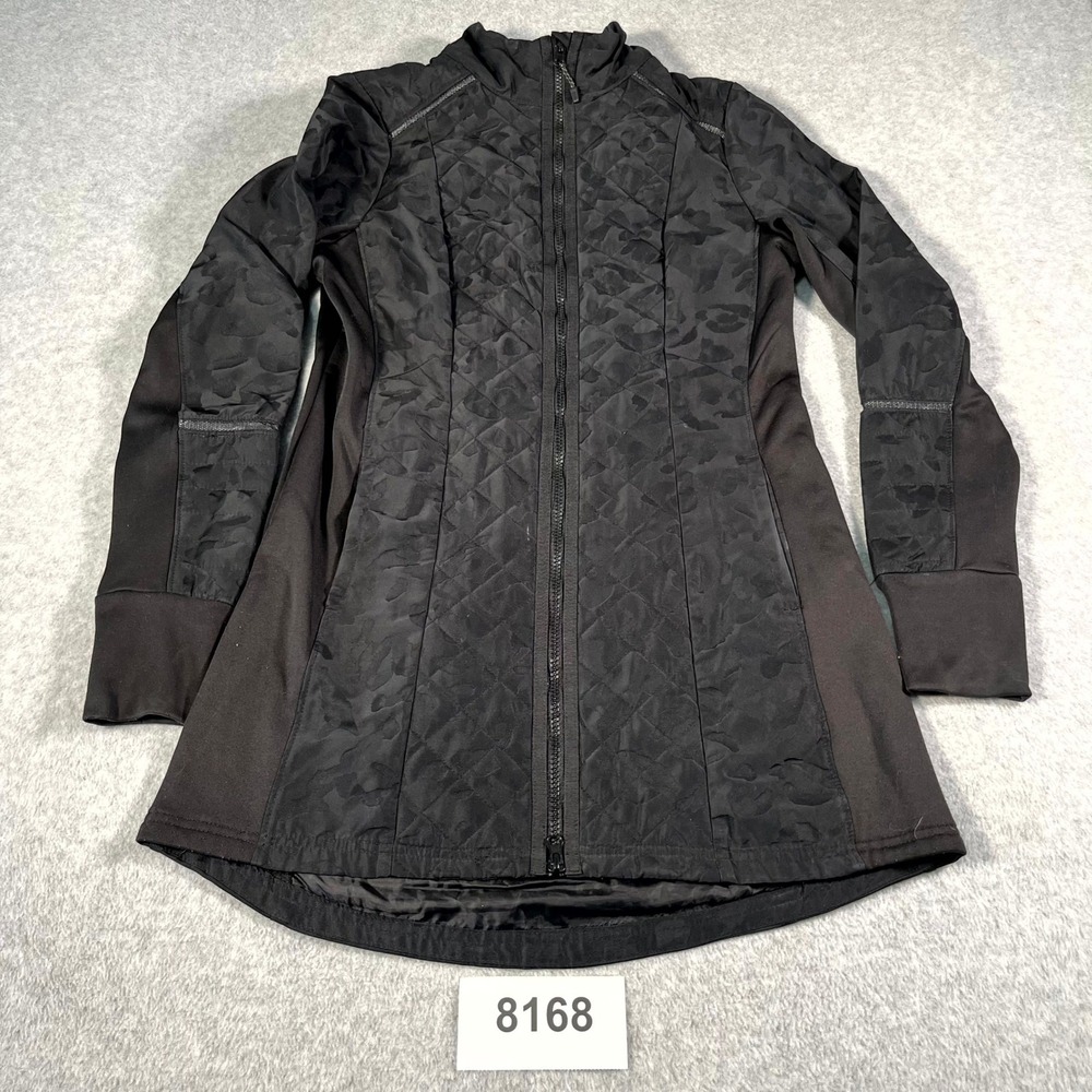 Avia Womens Black Quilted Floral Camo Full Zip Athletic Jacket Thumbholes Small